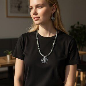 Fashion Jewelry Necklace Earrings Set Shiva Eye Shell Pendant Black and White